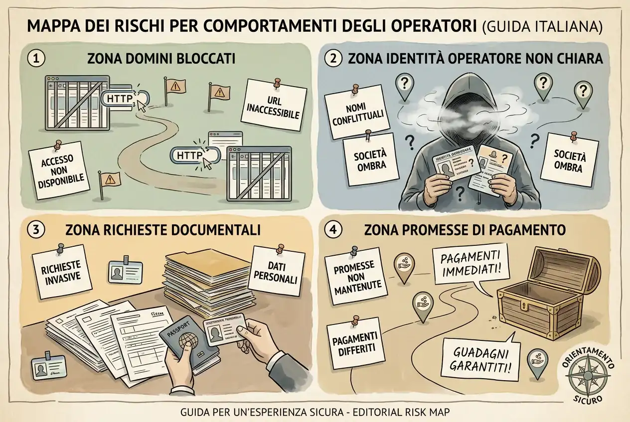 Mappa dei segnali di rischio: blocchi, identità poco chiara, documenti e promesse di pagamento